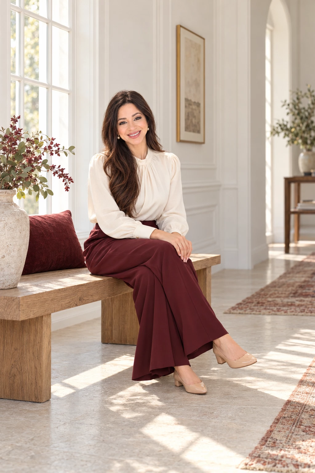 Anna Moraes, de branco e burgundy, sentada perto da janela no ensaio pessoal.